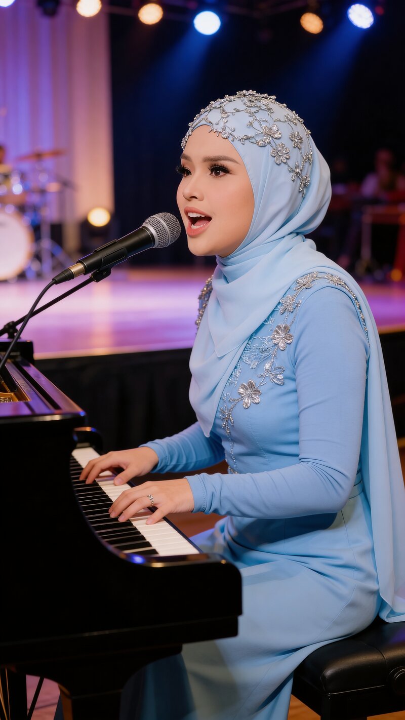 Putri Ariani singing and playing piano — close-up portrait